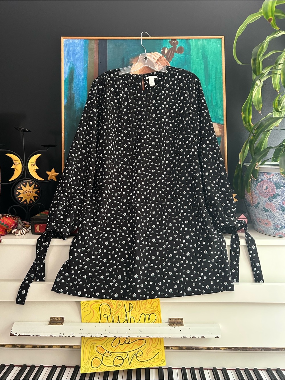 H&M Black Ditsy Floral Long Sleeve Mini Dress Tie Cuffs Size 12